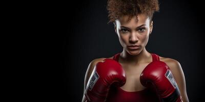 ai gerado mulher dentro boxe luvas em Preto fundo generativo ai foto