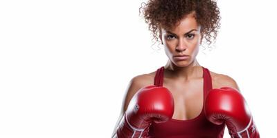 ai gerado mulher dentro boxe luvas em branco fundo generativo ai foto