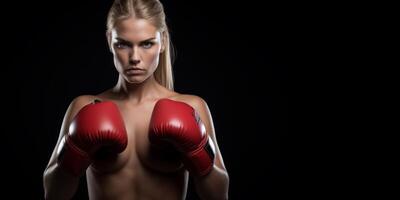 ai gerado mulher dentro boxe luvas em Preto fundo generativo ai foto