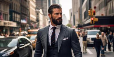 ai gerado uma confiante homem de negocios anda em ao longo uma cidade rua dentro uma formal terno generativo ai foto