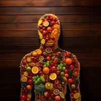 ai gerado legumes e frutas dentro a silhueta do a humano corpo generativo ai foto