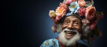 ai gerado idosos feliz homem com flores dentro dele cabelo generativo ai foto