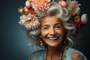 ai gerado idosos feliz mulher com flores dentro dela cabelo generativo ai foto