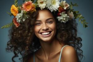 ai gerado feliz mulher com flores dentro dela cabelo generativo ai foto