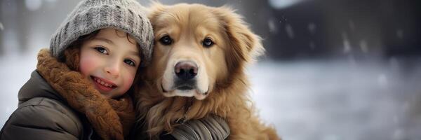 ai gerado criança com uma cachorro dentro inverno fechar-se retrato generativo ai foto