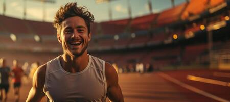 ai gerado homem corrida dentro a estádio generativo ai foto