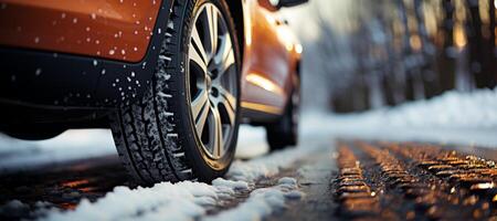 ai gerado carro rodas em uma inverno estrada fechar-se generativo ai foto