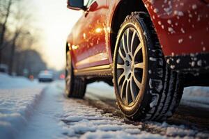 ai gerado carro rodas em uma inverno estrada fechar-se generativo ai foto