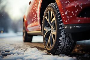 ai gerado carro rodas em uma inverno estrada fechar-se generativo ai foto