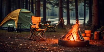 ai gerado acampamento dentro a floresta, uma barraca, uma construído fogo e uma cadeira por aí isto generativo ai foto