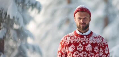 ai gerado homem dentro uma Natal tricotado suéter em a Nevado lado de fora generativo ai foto