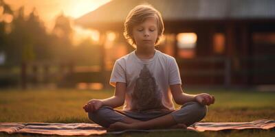 ai gerado criança praticando ioga às nascer do sol generativo ai foto