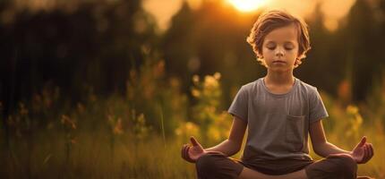ai gerado criança praticando ioga às nascer do sol generativo ai foto