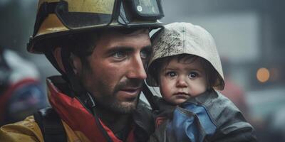 ai gerado bombeiro resgates criança a partir de fogo generativo ai foto