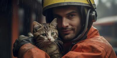 ai gerado bombeiro resgatado gatinho a partir de fogo generativo ai foto