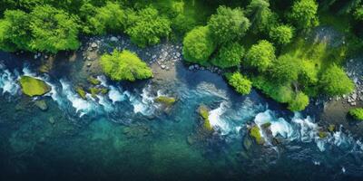 ai gerado montanha rio dentro a meio do a floresta, topo Visão generativo ai foto