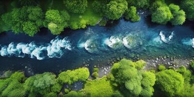 ai gerado montanha rio dentro a meio do a floresta, topo Visão generativo ai foto