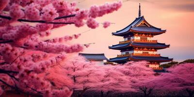 ai gerado japonês Palácio durante cereja Flor panorama generativo ai foto