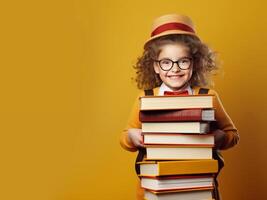 ai gerado sorridente criança com livros dentro mãos em amarelo fundo costas para escola generativo ai foto