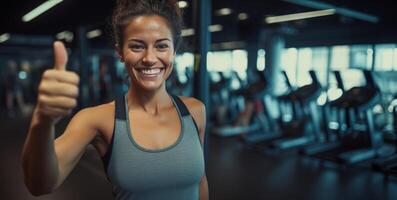 ai gerado sorrindo mulher mostrando classe dentro a Academia ativo ai foto