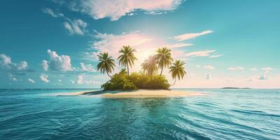 ai gerado ilha com Palma árvores e branco areia dentro a meio do a oceano generativo ai foto