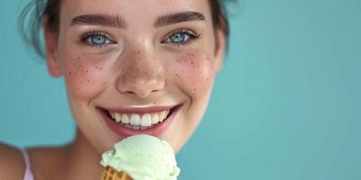 ai gerado mulher com gelo creme em uma azul fundo generativo ai foto