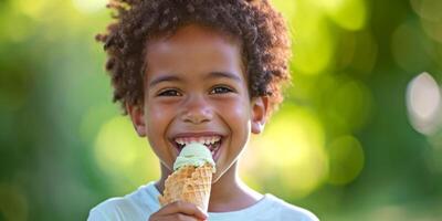 ai gerado criança comendo gelo creme em uma borrado fundo generativo ai foto