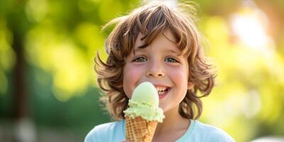 ai gerado criança comendo gelo creme em uma borrado fundo generativo ai foto