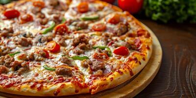 ai gerado pizza com carne e queijo e legumes generativo ai foto