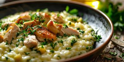 ai gerado delicioso risoto com carne generativo ai foto