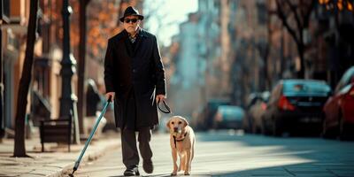 ai gerado uma cego homem anda em com uma guia cachorro baixa a rua generativo ai foto