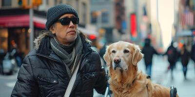 ai gerado uma cego homem anda em com uma guia cachorro baixa a rua generativo ai foto