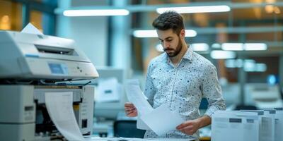 ai gerado escritório trabalhador masculino cópias documentos em uma cópia de máquina generativo ai foto