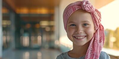 ai gerado sorridente criança, menina dentro lenço de cabeça, Câncer paciente generativo ai foto