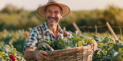 agricultor segurando uma cesta do legumes dentro dele mãos foto
