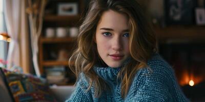 jovem mulher dentro uma lindo tricotado suéter moda foto