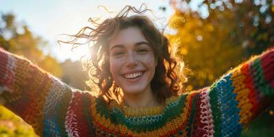 jovem mulher dentro uma lindo tricotado suéter moda foto