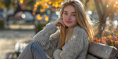 jovem mulher dentro uma tricotado suéter em uma Banco dentro a parque foto