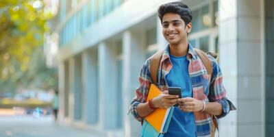 masculino hindu aluna caminhando baixa a rua com uma telefone foto