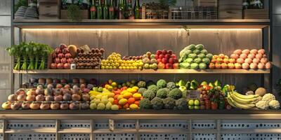 contadores com legumes e frutas dentro uma supermercado foto