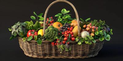 vime cesta com legumes e frutas foto