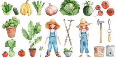 agricultor com legumes e Ferramentas para vegetal jardim desenhando foto