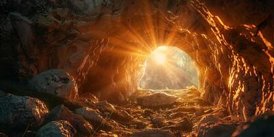 pedra rochoso esvaziar caverna túmulo e luz raios Páscoa foto