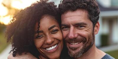 retrato do uma jovem casal dentro frente do seus Novo casa foto