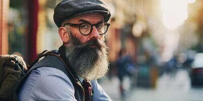 homem com uma barba e óculos em uma bicicleta dentro a cidade foto