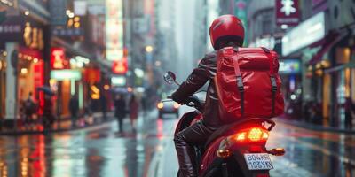 correio entrega parcelas por aí a cidade em uma motocicleta foto