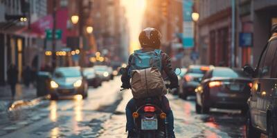 correio entrega parcelas por aí a cidade em uma motocicleta foto