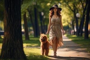 mulher caminhando com cachorro dentro a parque foto