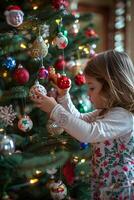 criança contra a fundo do uma Natal árvore foto