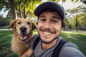 selfie do uma homem com uma cachorro dentro a parque foto